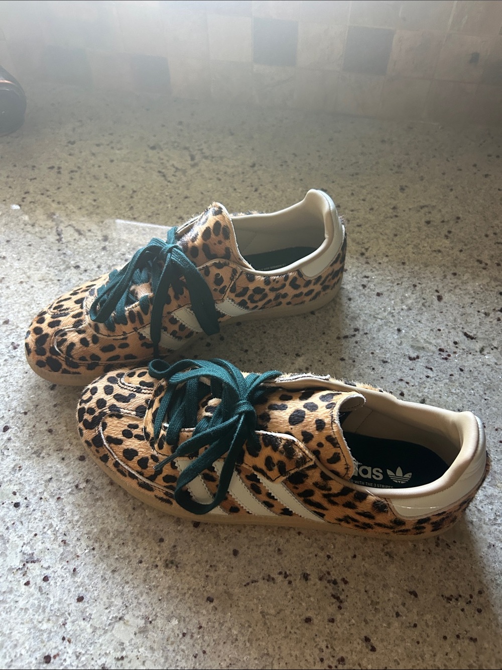 adidas Leopard Print Sneakers in Tan with Teal Laces